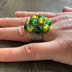 Handmade Wire-Wrapped Stainless Ring with Green & Yellow Glass Beads Size, 5.5